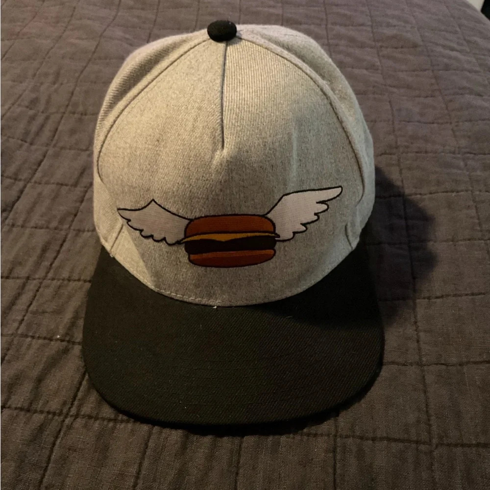 Bobs Burgers Snapback Hat Gray‎ Black Flying Hamburger Flat Brim Mens Cap
